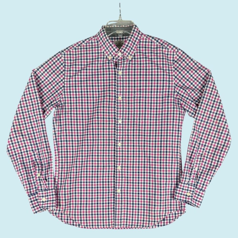 J. CREW Shirt Men's Medium Pink & Blue Gingham Tailored Slim Fit Long Sleeve